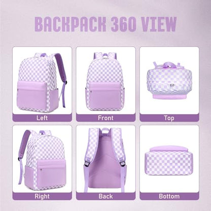UREYMX Checkered Backpack - School Backpack for Kids, Large Capacity, Waterproof, Lightweight, Black - color: 3 in 1 Purple and White Plaid