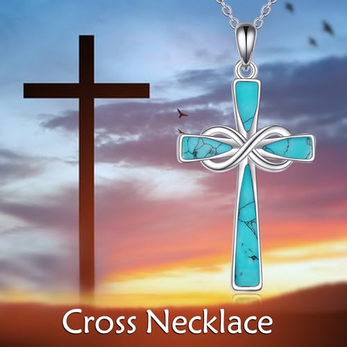 Infinity Cross Necklace S925 Sterling Silver Turquoise/Wooden/Opal/Abalone Cross Pendant Necklaces Christian Jewelry Gifts For Women - style: Green Turquoise