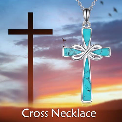 Infinity Cross Necklace S925 Sterling Silver Turquoise/Wooden/Opal/Abalone Cross Pendant Necklaces Christian Jewelry Gifts For Women - style: Green Turquoise