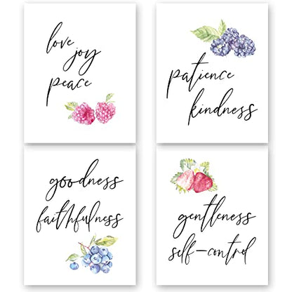 Eden View Home Fruit of the Spirit Wall Art. Galations 5 22-23 Unframed Bible Verse Wall Decor Prints Set of 4. Scripture Wall Art Inspirational Watercolor Religious Posters.