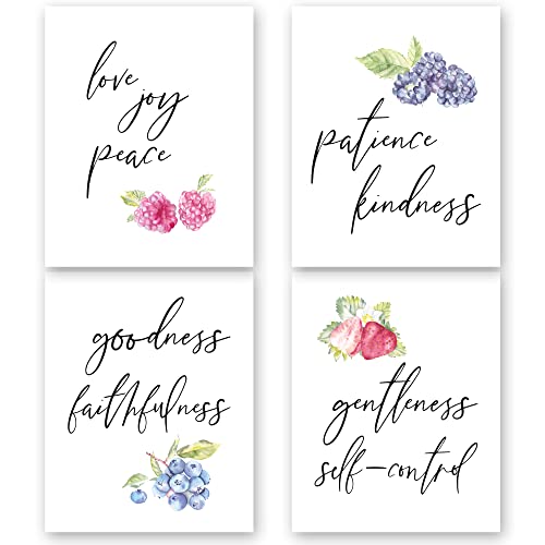 Eden View Home Fruit of the Spirit Wall Art. Galations 5 22-23 Unframed Bible Verse Wall Decor Prints Set of 4. Scripture Wall Art Inspirational Watercolor Religious Posters.