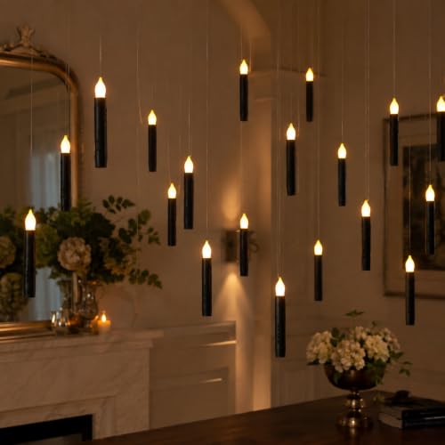 Lezonic 12Pcs Floating Candles with Wand and Remote, Magic Black Flameless Candles Battery Operated, Flikering Hanging LED Taper Candlesticks Halloween Decorations, 0.8" x 6" - color: 12pcs(Wand & Remote)