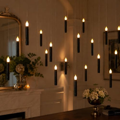 Lezonic 12Pcs Floating Candles with Wand and Remote, Magic Black Flameless Candles Battery Operated, Flikering Hanging LED Taper Candlesticks Halloween Decorations, 0.8" x 6" - color: 12pcs(Wand & Remote)