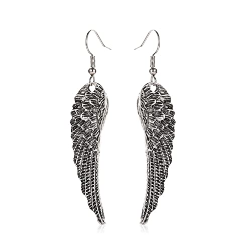 MALOYANVE Angel Wing Earrings for Women Unique Antique Silver Plated Fairy Feather Guardian Dangle Drop Hook Earrings Jewelry