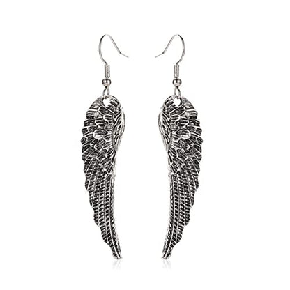 MALOYANVE Angel Wing Earrings for Women Unique Antique Silver Plated Fairy Feather Guardian Dangle Drop Hook Earrings Jewelry