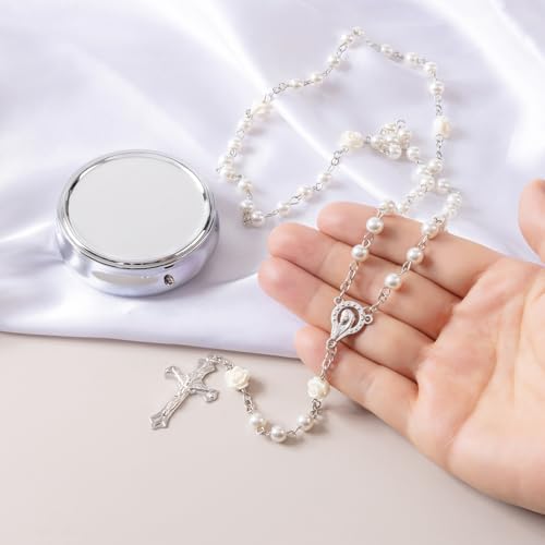 Rosary Beads Catholic - Confirmation Gifts for Teenage Girl, Silver Simple Style Metal Gift Box, White Artificial Pearls Rosary, Gifts for Women - color: Off White (flower)