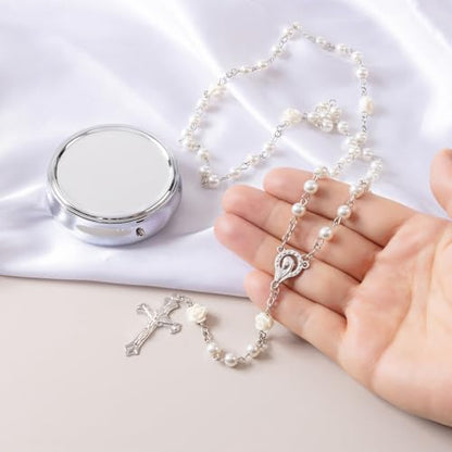 Rosary Beads Catholic - Confirmation Gifts for Teenage Girl, Silver Simple Style Metal Gift Box, White Artificial Pearls Rosary, Gifts for Women - color: Off White (flower)