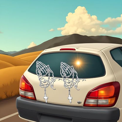 2 Pcs/Set White Hands Praying Pearl Jesus Car Sticker, Personalized Rosary Car Sticker, Waterproof Christ Decal Stickers Bumper Stickers for Laptop Motorcycle Door Wall Decoration