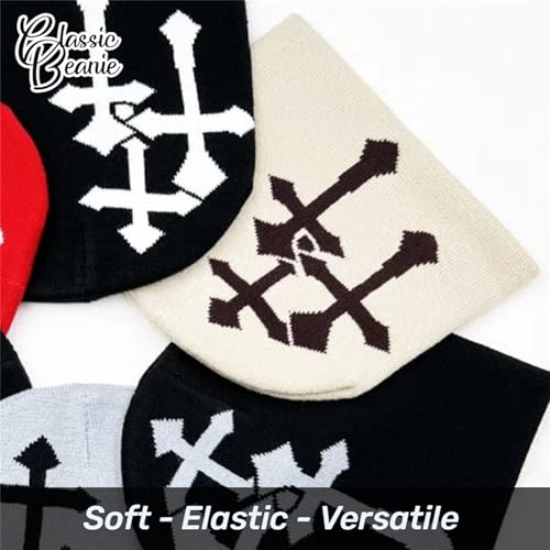 Fashion Knit Beanie with Cross Pattern Y2K Unisex Soft Jacquard Cap Popular Hip-Hop Cool Street Outdoor Sports Earflap Hat - color: White
