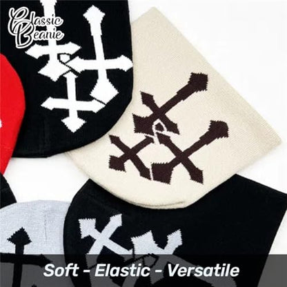 Fashion Knit Beanie with Cross Pattern Y2K Unisex Soft Jacquard Cap Popular Hip-Hop Cool Street Outdoor Sports Earflap Hat - color: White