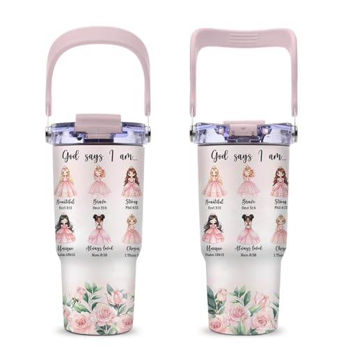 Christian Gifts for Girls, God Says I Am Princess Tumbler with Top Handle and Flip Straw Lid 20oz Stainless Steel Insulated Travel Cups, Inspirational Religious Birthday Gifts for Girls Catholic - color: Christian Princess01