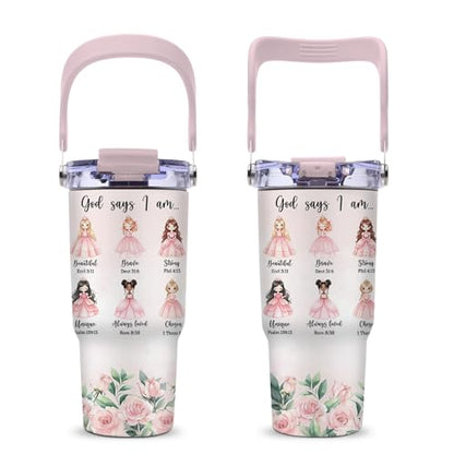 Christian Gifts for Girls, God Says I Am Princess Tumbler with Top Handle and Flip Straw Lid 20oz Stainless Steel Insulated Travel Cups, Inspirational Religious Birthday Gifts for Girls Catholic - color: Christian Princess01