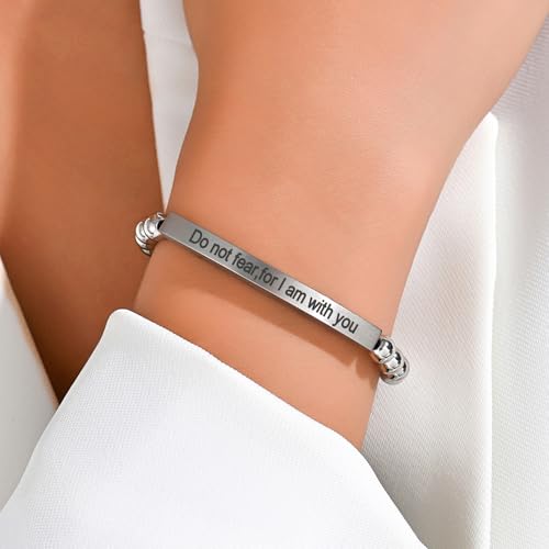 Inspirational Christian Bracelet for Women, Stainless Steel Beaded Cross Jewelry with Bible Verse, Religious Faith Gift for Mom, Daughter, Sister, Friend - color: Do not fear,for I am with you-Silver Bead