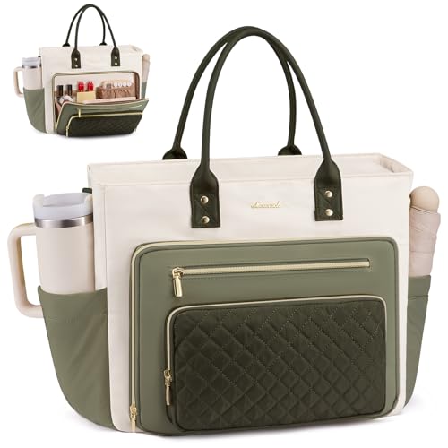LOVEVOOK 17 Inch Laptop Tote Bag for Women, Teacher Nurse Work Bags, Laptop Bag With Large Cup Holder, Professional Briefcase Business Computer Purses Handbag Gifts,Light Green-Beige-Olive Green - color: Light Green-beige-olive Green, size: 17.3 inch