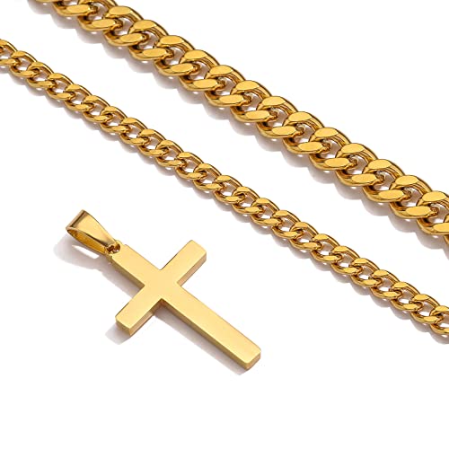 Zocomi Cross Necklace for Men Boys, Stainless Steel Layered Cuban Link Herringbone Chain Cross Pendant Christian Fashion Jewelry Gifts 16-24 Inches - color: Gold, size: 16inch/18inch, style: Cuban+Cuban