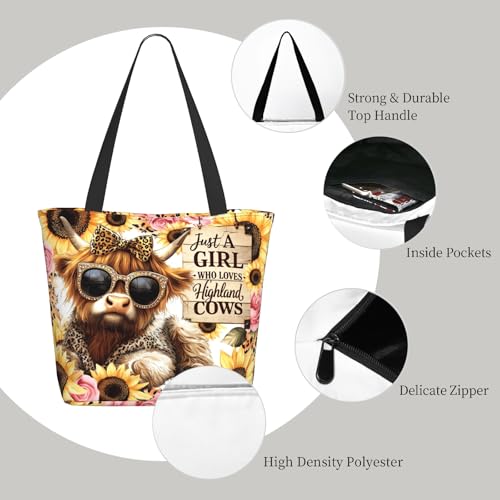 Christian Gifts Reusable Shopping Tote Bag Zippered Inspirational Tote Bags for Women Bible Verse Shoulder Bag - color: Highland Cow
