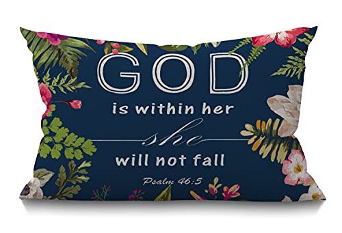 Flowers Pillow Covers Christian Quotes Farmhouse Oblong Rectangle Throw Pillow Case,Bible Verses God is Within Her She Will Not Fall Psalm 46:10 Cotton Linen Pillow Cover for Men Women 12x20 inch - color: Md030