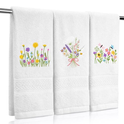 SmoothNovelty 3 Pcs Hand Towels for Bathroom Embroidered Cotton Kitchen Towels 13.3" x 29.5" Decors Gift(White,Spring Flowers) - color: Spring Flowers, size: 13.3 x 29.5 inches