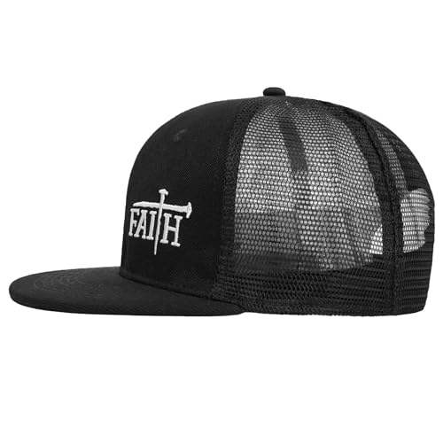 Christian Hats for Men Women - Cross Faith Flat Snapcback Hats - Religious Gifts for Thanksgiving Christmas - color: Black Mesh/Faith White