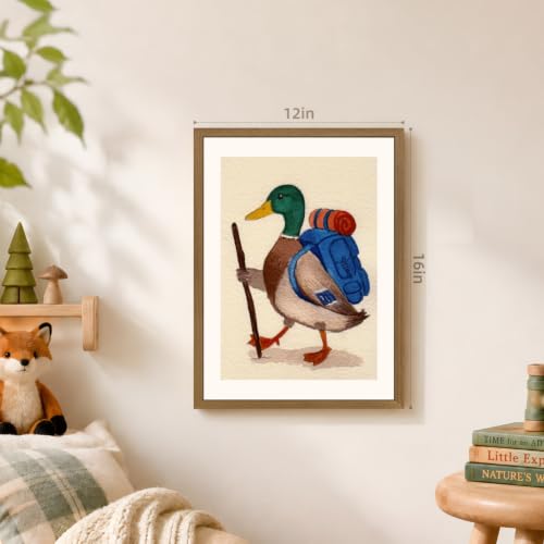 Dynazo Wood Framed Backpack Duck Wall Art, Rustic Cottagecore Duck Nursery Decor, Cute Whimsical Camping Poster Print, Vintage Adventure Animal Artwork for Kids Room Bedroom Playroom 12x16 Inch - color: SchoolDuck, size: 16"L x 12"W