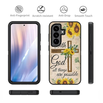 Case for Samsung Galaxy S26 Plus/ S25 Plus/ S24 Plus 6.7 inch, Heavy Duty 3 in 1 Hybrid Hard PC & Soft Silicone Shockproof Drop Protection Case, Christian Cross Bible Verse Matthew 19:26 - color: Christian Cross Quote Bible Verse Matthew 19:26, size: Gala