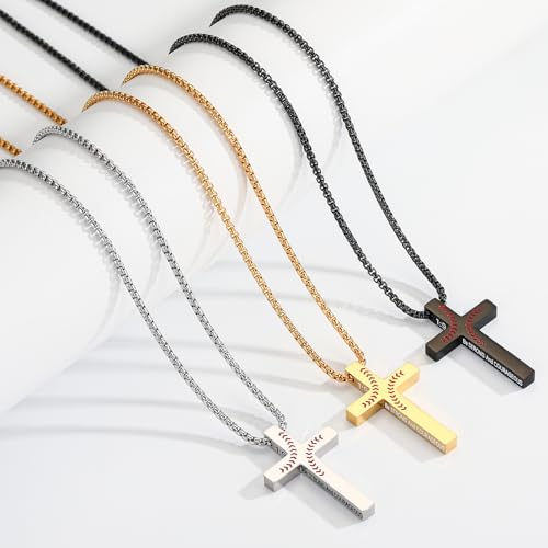 Baseball Bible Verse Cross Necklace for Boys Men, Stainless Steel Cross Pendant Baseball Game Day Christian Religious Jewelry Gifts for Teen Boys Kids - color: Silver, style: Joshua 1:9