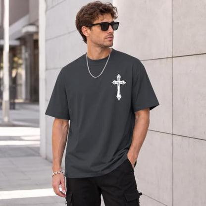 BINTEHGS Men's Christian Faith T-Shirts Inspirational Bible Verse Shirt Cross Oversized Tshirts for Men Jesus Graphic Tees - color: Deep Gray, size: Medium