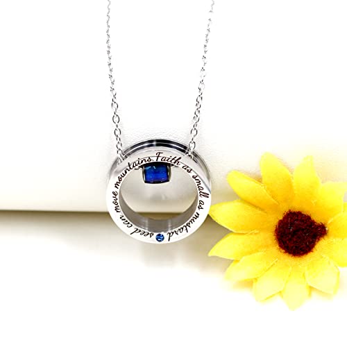 Uloveido Christian Circle Round Ring Necklace Engraved Faith As Small As A Mustard Seed Can Move Mountains Y958 - style: Blue CZ-bead