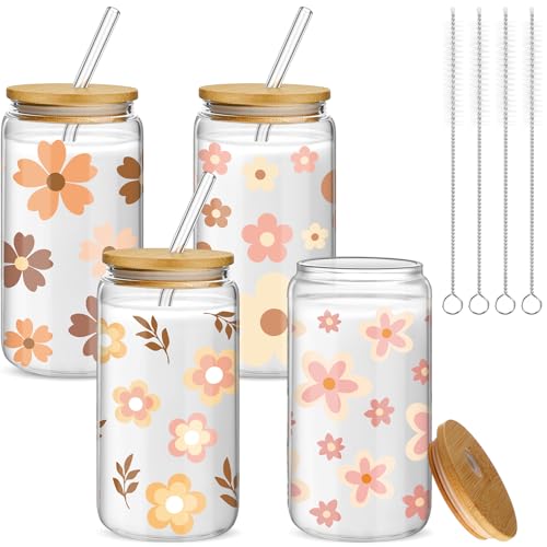 Mumufy 4 Pack Cute Boho Glass Cup, 16 oz Tumbler Mug with Bamboo Lid - style: Cute Boho