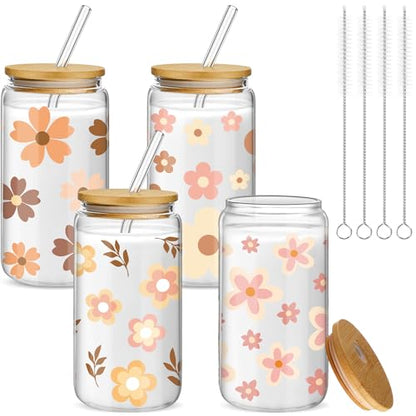 Mumufy 4 Pack Cute Boho Glass Cup, 16 oz Tumbler Mug with Bamboo Lid - style: Cute Boho
