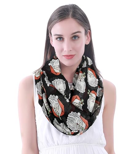 Lina & Lily Holiday Christmas Pattern Print Women's Infinity Scarf Lightweight - color: Black, Xmas Santa Claus Holly Leaf