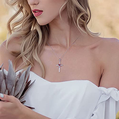 AmorAime 925 Sterling Silver Cross Necklace for Women Men 14K Gold Plated 5A CZ Birthstone Necklaces for Holiday - color: G.Dark Red-July-Ruby