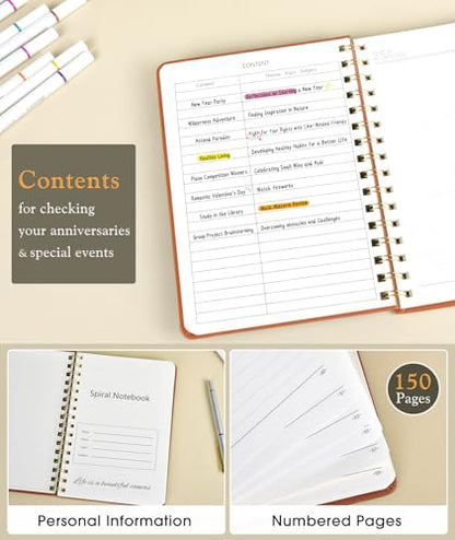 Lined Spiral Journal Notebook, A5 Hardcover Spiral Journals for Women Men, 150 Numbered Pages Spiral Bound Notebook, 100 GSM College Ruled Notebooks for Writing Note Taking 5.75" x 8.38", Brown - color: Brown