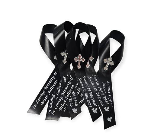 Personalized Memorial Service Funeral Ribbon Pins 20 Cross Religious Celebration of Life Custom Made Awareness Remembrance Anniversary Death Cross Sympathy Name Angel - color: Black