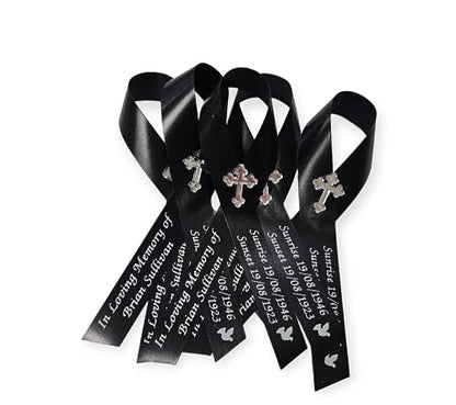 Personalized Memorial Service Funeral Ribbon Pins 20 Cross Religious Celebration of Life Custom Made Awareness Remembrance Anniversary Death Cross Sympathy Name Angel - color: Black