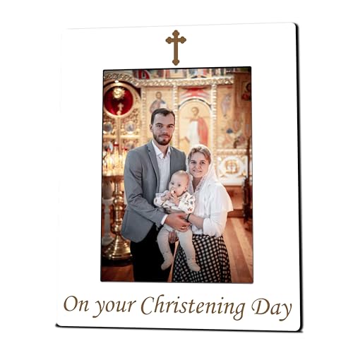 New Baby Wooden Frame Suitable For 5x7 Inch Photo - On Our Christening Day - Modern Farmhouse Home Tabletop Shelf Display Picture Frame - Baptism Newborn Baby Keepsake Gift - A15