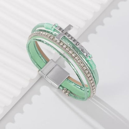 Christian Cross Leather Bracelets Boho Western Blessing Religious Jewelry - color: Green