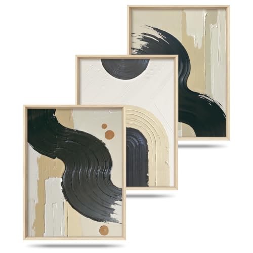 HOURIA Black Beige Abstract Neutral Framed Canvas Wall Art Set-12"x16"x3 - color: Abstract Beige Black Wall Art, size: 12"L x 16"W