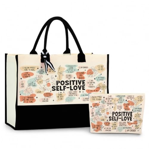 jeilink Inspirational Religious Gifts Boss Mom Birthday Christmas Tote Bag Canvas Reusable Grocery Beach Tote Black Pink - color: Positive Self Love 1714