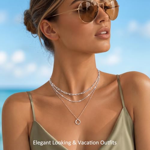 Poxtex Layered Gold Necklaces for Women, Stackable Dainty 14K Gold Silver Plated Trendy Simple Heart Diamond Cross Bow Circle Pendant Paperclip Choker Dot Chain Necklace,Jewelry Set Gifts for Women - color: Silver, style: Circle1