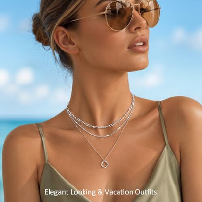 Poxtex Layered Gold Necklaces for Women, Stackable Dainty 14K Gold Silver Plated Trendy Simple Heart Diamond Cross Bow Circle Pendant Paperclip Choker Dot Chain Necklace,Jewelry Set Gifts for Women - color: Silver, style: Circle1