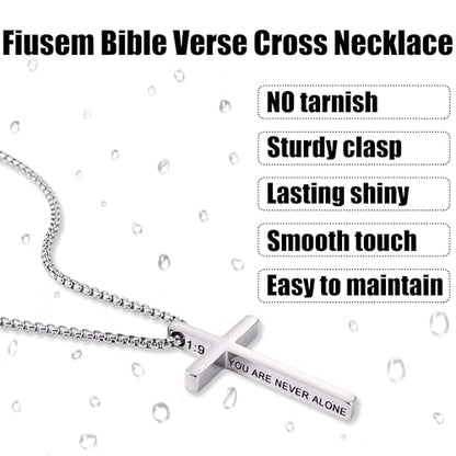 Fiusem Cross Necklace for Men, Stainless Steel Cross Pendant STXL023 - color: Silver, size: 20", style: JOSHUA 1:9