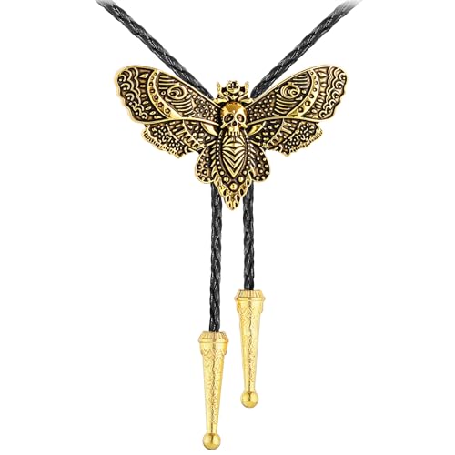 Western Cowboy Bolo tie for Men Women Gold Silver Death Skull Moth Cross Bolo Tie Christmas Deer Rooster Wolf Necktie Gift - color: 1# Gold Death Moth