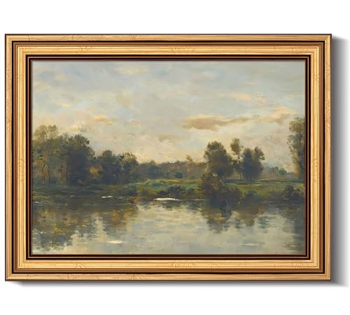 Gold Framed Vintage Wall Art Spring River Pond Landscape Painting Picture Wall Decor Rustic Nature Wilderness Scenery Poster Print Artwork for Living Room Bedroom Bathroom Farmhouse Home Decoration - color: River Pond, size: 11"L x 9"W
