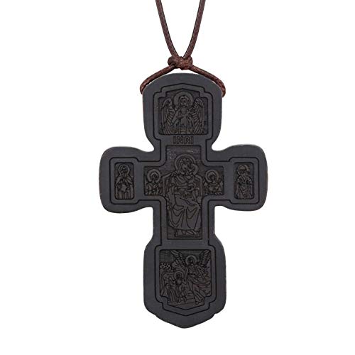 COTTVOTT Wood Orthodox Cross Pendant Necklace Christian Crucifix Necklace Prayer Jesus for Women Men - style: C-Black Color