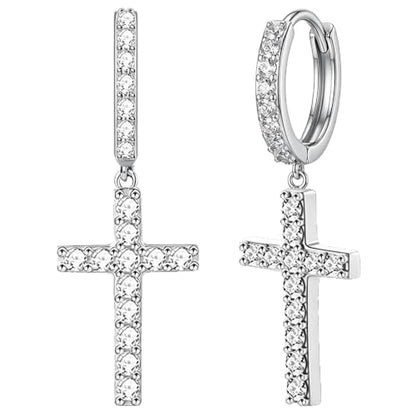 NEWITIN CZ Cross Earrings for Men Women 14K Gold Plated Huggie Hoop Earring - color: Silver B