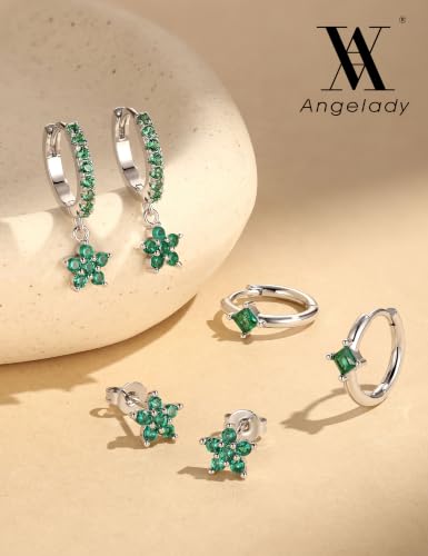 Angelady Gold Hoop Earrings Set for Women, Dainty 14K Gold Plated Flower Moon Cross Dangle Earrings, Hypoallergenic Huggie Hoop Earring Stacks, Stud Earrings for Women Trendy Jewelry Gift - color: Silver Green CZ