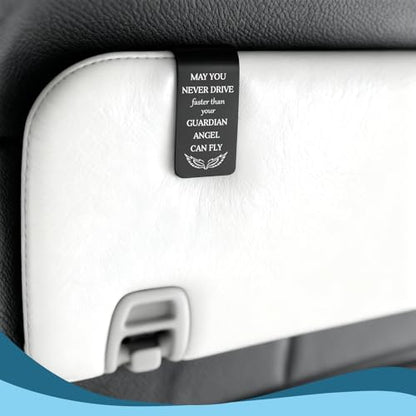 May You Never Drive Faster Than Your Guardian Angel Can Fly Engraved Stainless Steel Car Visor Clip, Christian Inspirational Gift for Women Men, Religious Safe Driving Reminder EDG23 - color: Black-G23