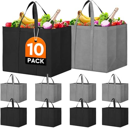 Reusable Grocery Shopping Bags 10 Pack Large Foldable Tote Bags Bulk - color: Black, Grey