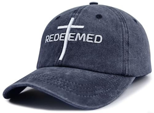 Cross Jesus Hats for Men Women, Adjustable Cotton Embroidered Christian Redeemed Baseball Cap - color: Navy